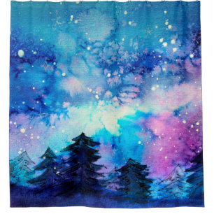 Space art at watercolor with night sky and trees shower curtain