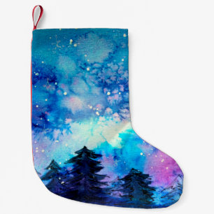 Space art at watercolor with night sky and trees small christmas stocking