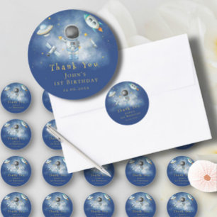 Space Astronaut Boy rockets ufo stars Birthday Cla Classic Round Sticker