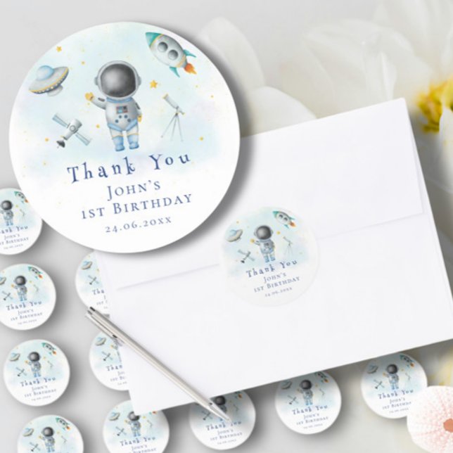 Space Astronaut Boy rockets ufo stars Birthday Classic Round Sticker (Creator Uploaded)