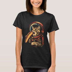 Space Astronaut Cat Eating Hotdog Funny Cat T-Shirt