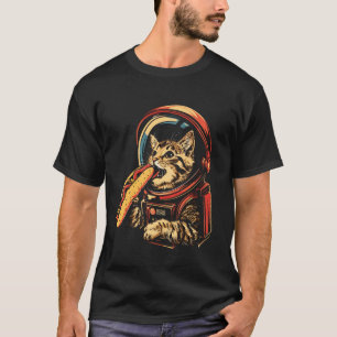 Space Astronaut Cat Eating Hotdog Funny Cat T-Shirt