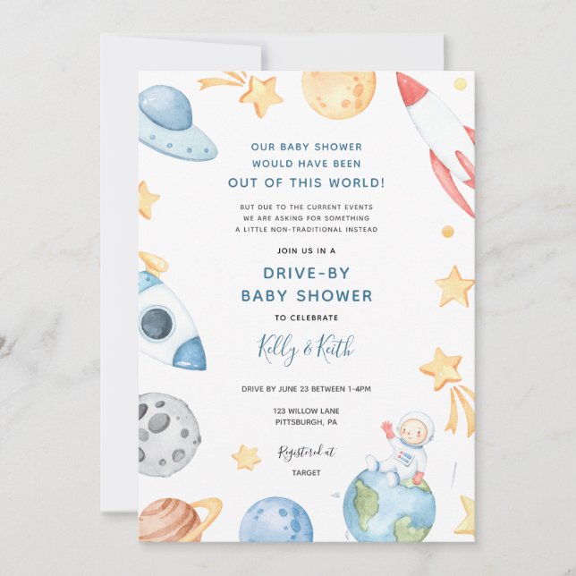 Space Astronaut Drive-By Baby Shower Invitation (Front)