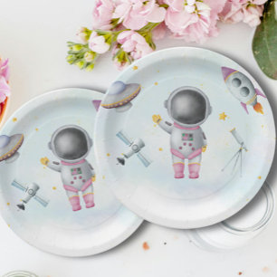 Space Astronaut Girl pink rocket stars Baby Shower Paper Plate