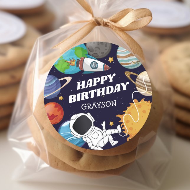 Space Astronaut Happy Birthday Classic Round Sticker (Creator Uploaded)
