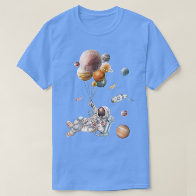 Space Astronaut Holding Solar System Balloon Funny T-Shirt (Design Front)