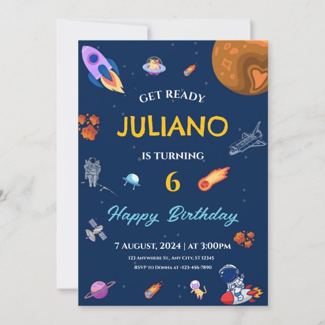 Space Astronaut Planet and Stars Watercolor Invitation (Front)
