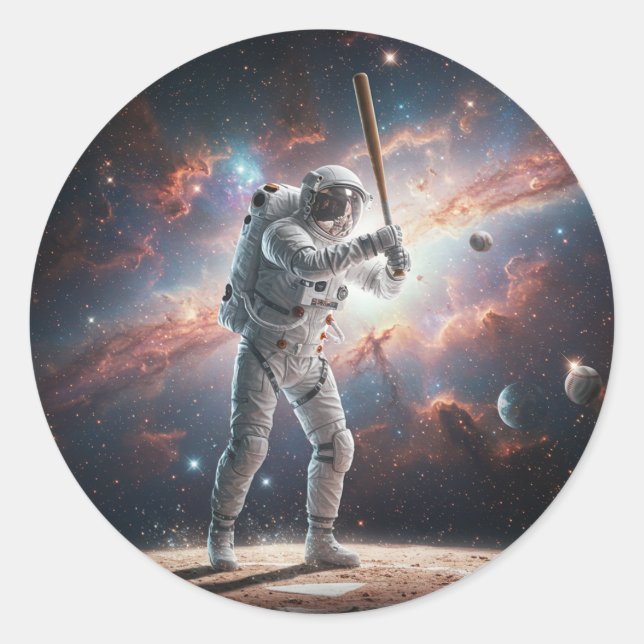 Space Astronaut Playing Baseball Classic Round Sticker (Front)
