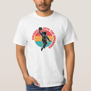 Space Astronaut Playing Basketball Colourful Strip T-Shirt