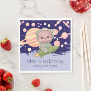 Space Astronaut Teddy Bear 1st Birthday Party Napkin