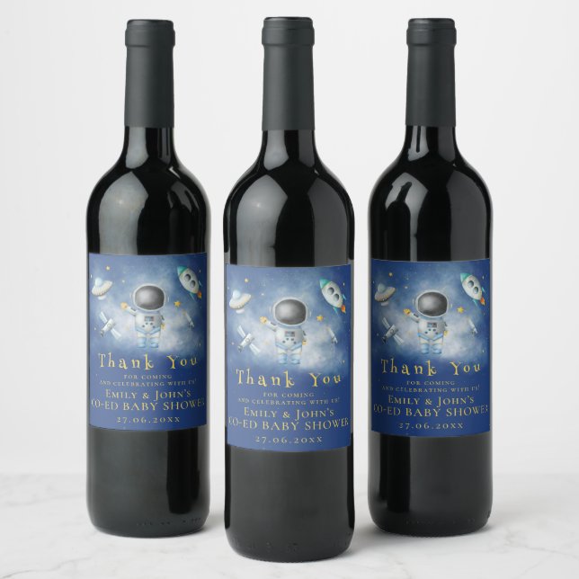 Space baby Astronaut Boy rockets stars Baby Shower Wine Label (Bottles)