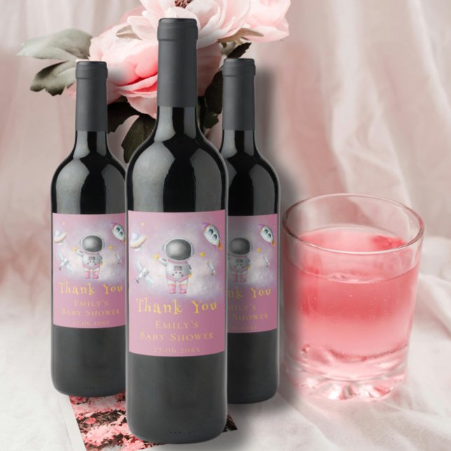 Space baby girl Astronaut rocket stars Baby Shower Wine Label (Creator Uploaded)