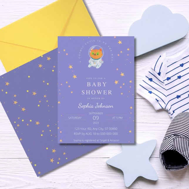 Space Baby Shower, Cute Cat, Cosmic Cutie Invitation (Creator Uploaded)