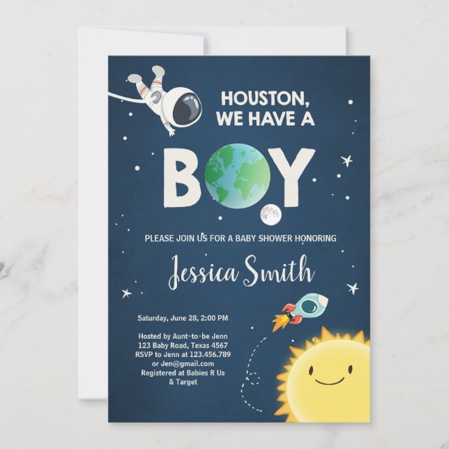 Space Baby Shower Invitation Boy Astronaut Rocket (Front)