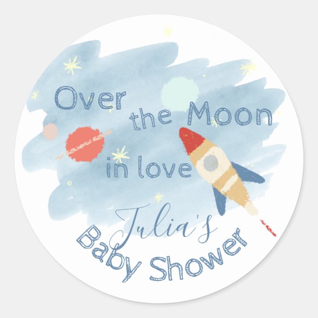Space Baby Shower Over the Moon Classic Round Sticker (Front)