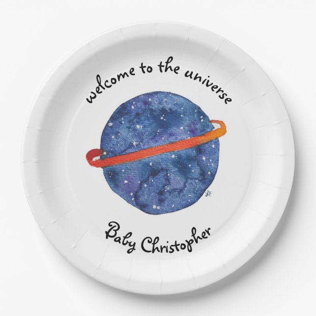 Space Baby Shower Plate Welcome to the Universe (Front)