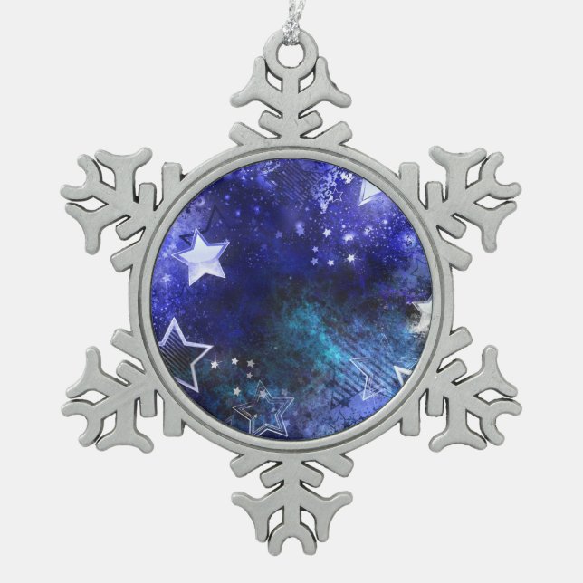 Space Background with Stars Snowflake Pewter Christmas Ornament (Front)
