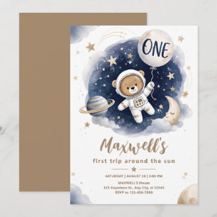 Space Bear First Birthday Party Invitation