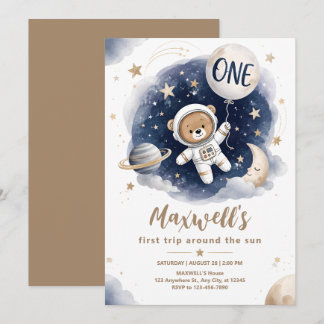 Space Bear First Birthday Party Invitation