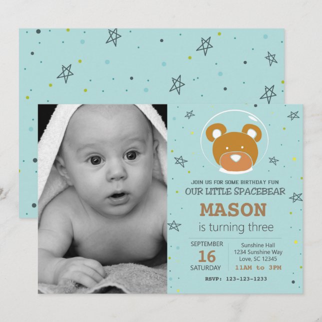 Space Bear Gender Neutral Birthday Invitation (Front/Back)