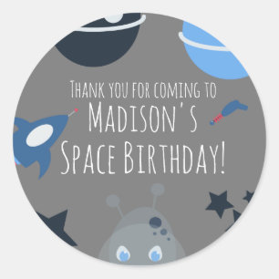 Space Birthday Alien Themed Blue Grey Classic Round Sticker