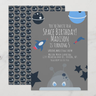 Space Birthday  Alien Themed Blue Grey  Invitation