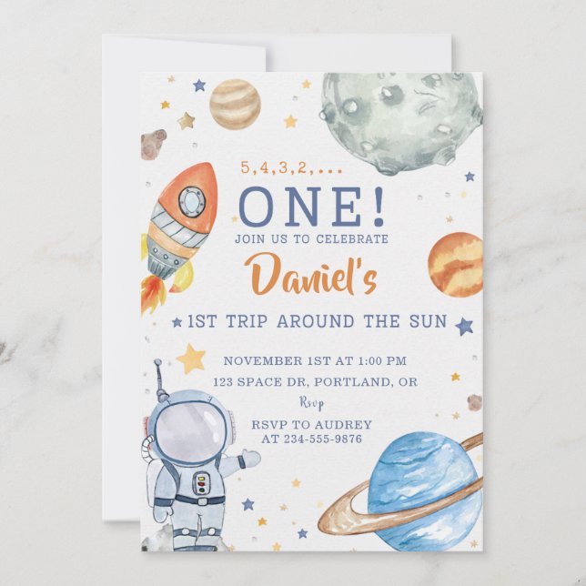 Space Birthday Astronaut 1st Trip Around The Sun Invitation (Front)
