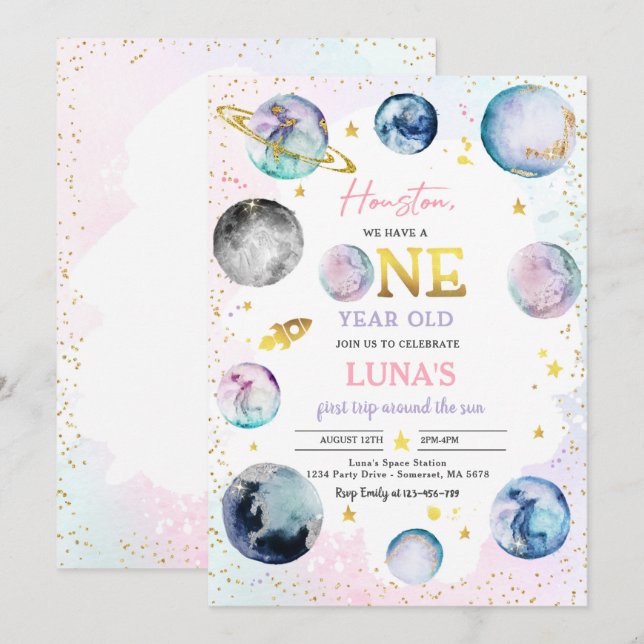 Space Birthday Girl Pink First Trip Around The Sun Invitation (Front/Back)