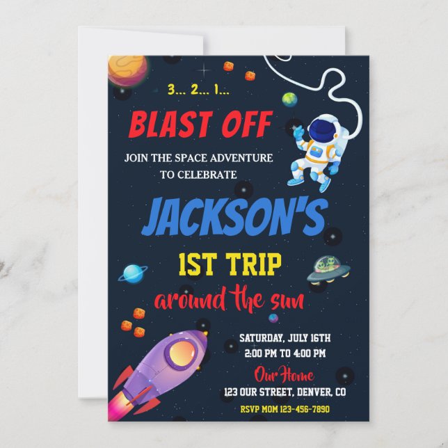 Space birthday invitation Blast off invitation boy (Front)