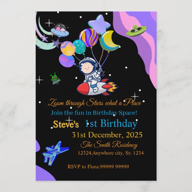 Space Birthday Invitation Card | Any Kid's Age (Front)