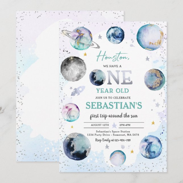 Space Birthday Party First Trip Around The Sun Boy Invitation (Front/Back)