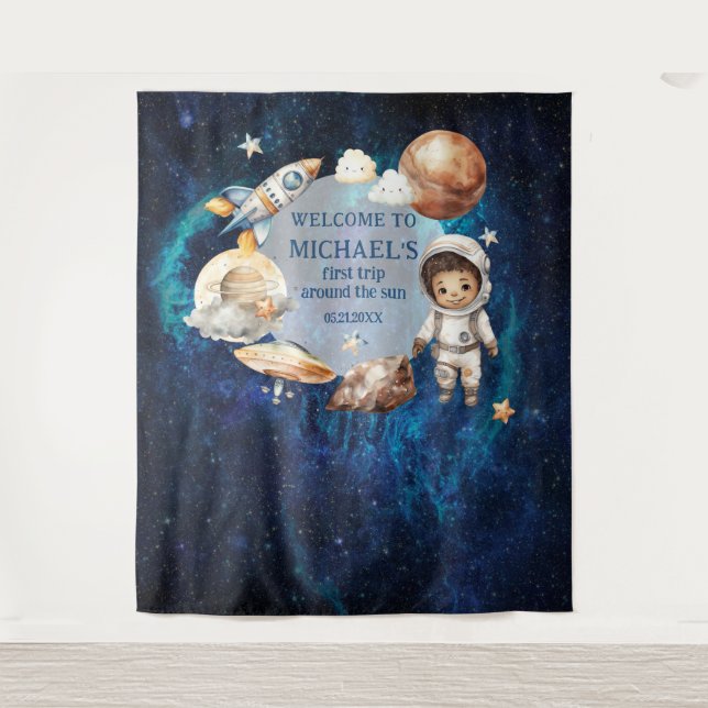 Space Birthday Party First Trip Around The Sun Boy Tapestry (Front)
