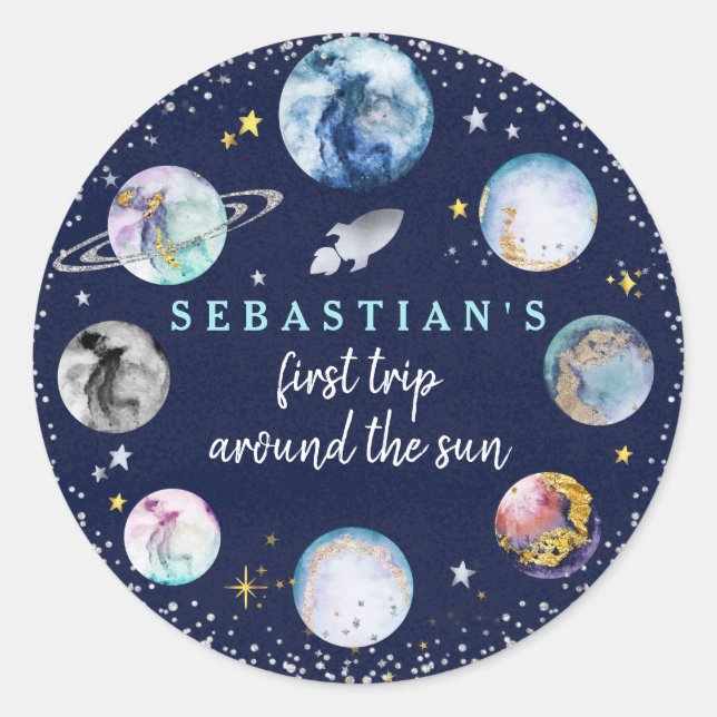 Space Birthday Party  First Trip Around The Sun  Classic Round Sticker (Front)