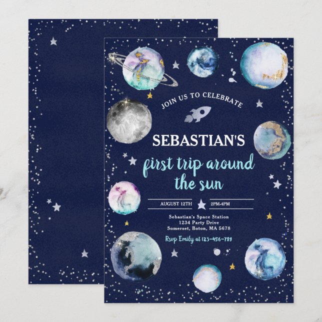 Space Birthday Party First Trip Around The Sun Invitation (Front/Back)