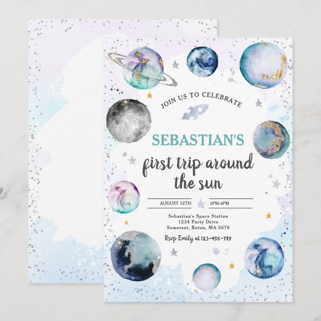 Space Birthday Party First Trip Around The Sun Invitation (Front/Back)