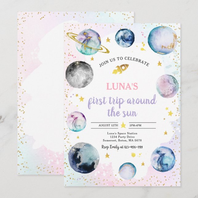 Space Birthday Party First Trip Around The Sun Invitation (Front/Back)