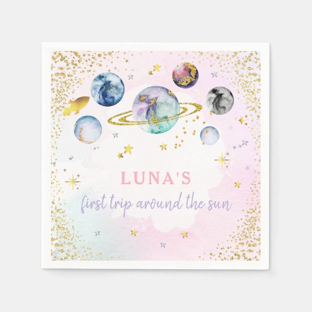 Space Birthday Party  First Trip Around The Sun Napkin (Front)
