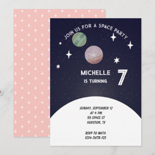 Space Birthday party In Pink Invitation