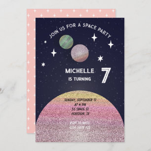 Space Birthday party In Pink Invitation