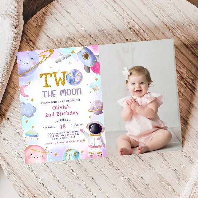 Space Birthday Party Two The Moon Birthday Photo Invitation (Creator Uploaded)
