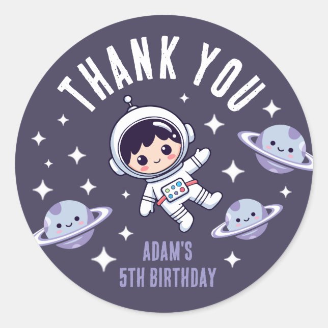 Space Birthday Thank You | Cute Astronaut Galaxy  Classic Round Sticker (Front)