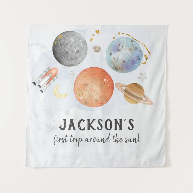 Space Birthday Welcome Sign Tapestry (Front)