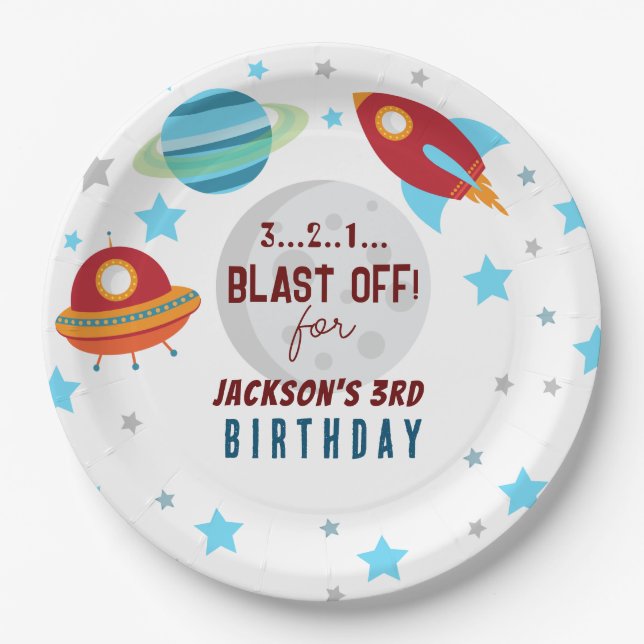 Space Blast Off 3rd Birthday  Paper Plate (Front)