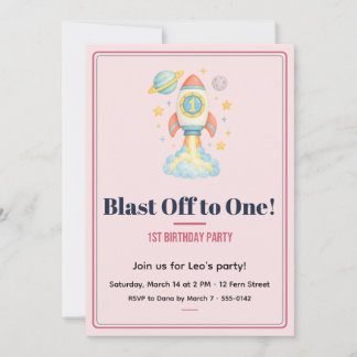 Space Blast Off to One 1st Bday Blush Invitation