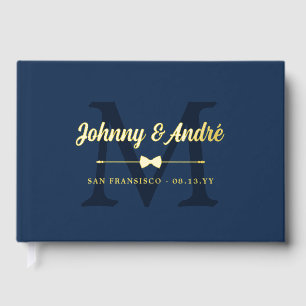 Space Blue Gold Bowtie Monogram Gay Wedding Guest Book