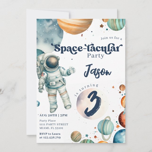 Space Boy Astronaut Blue Birthday Invitation (Front)