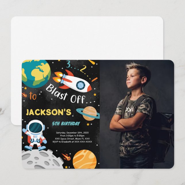 Space Boy Birthday Invitations With Photo (Front/Back)