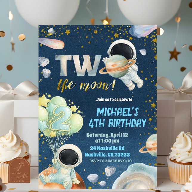 Space Boy TWO the moon Birthday Invitation (Creator Uploaded)