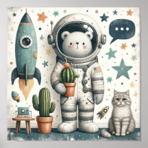Space Cactus Bear Kids Room Wall Art 