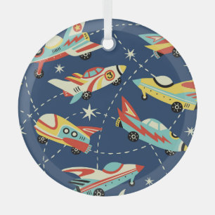 Space Cars: Vintage Dark Blue. Glass Tree Decoration